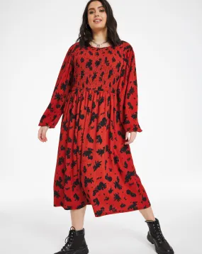 Rust Floral Long Sleeve Shirred Midi Dress | Simply Be