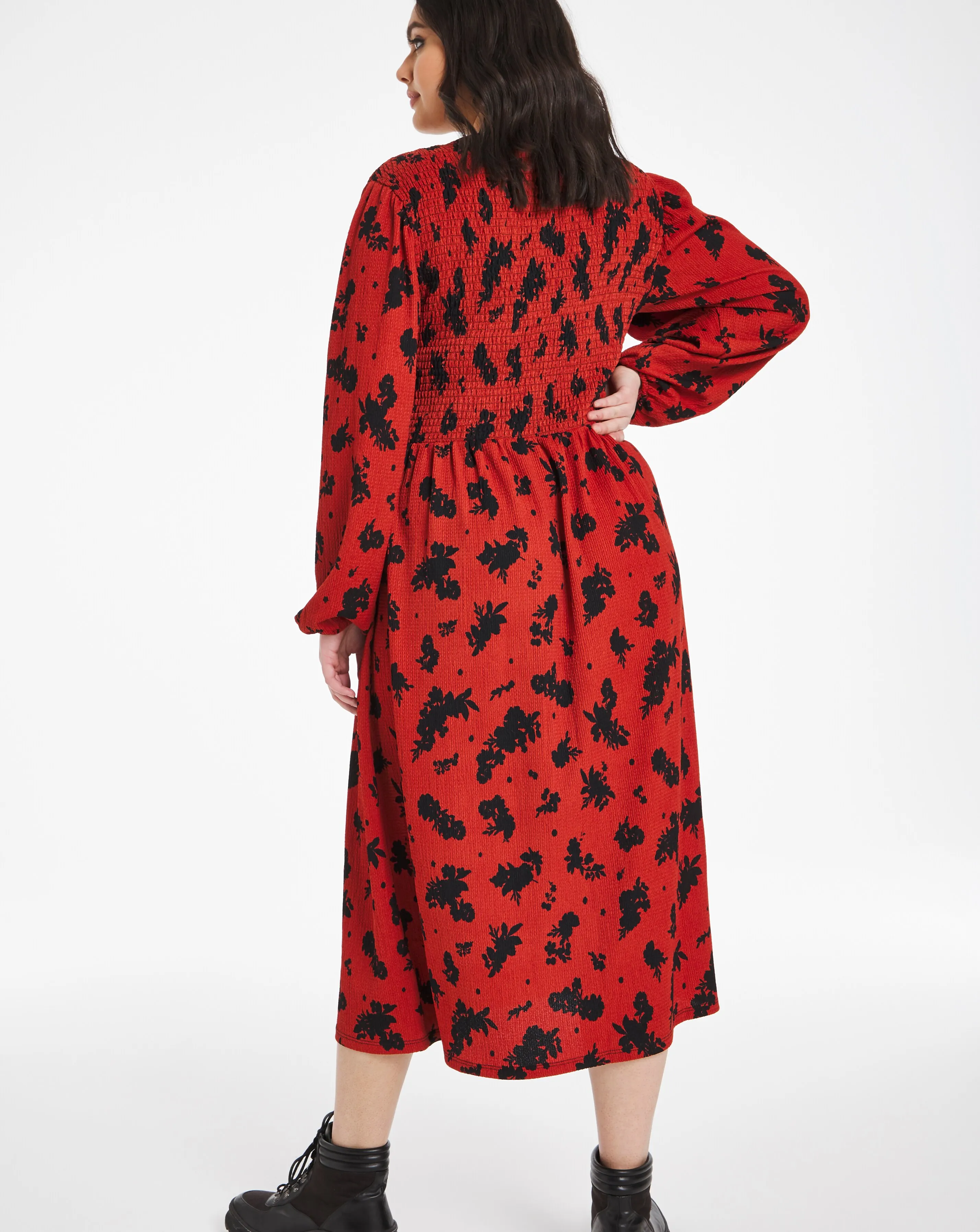 Rust Floral Long Sleeve Shirred Midi Dress | Simply Be