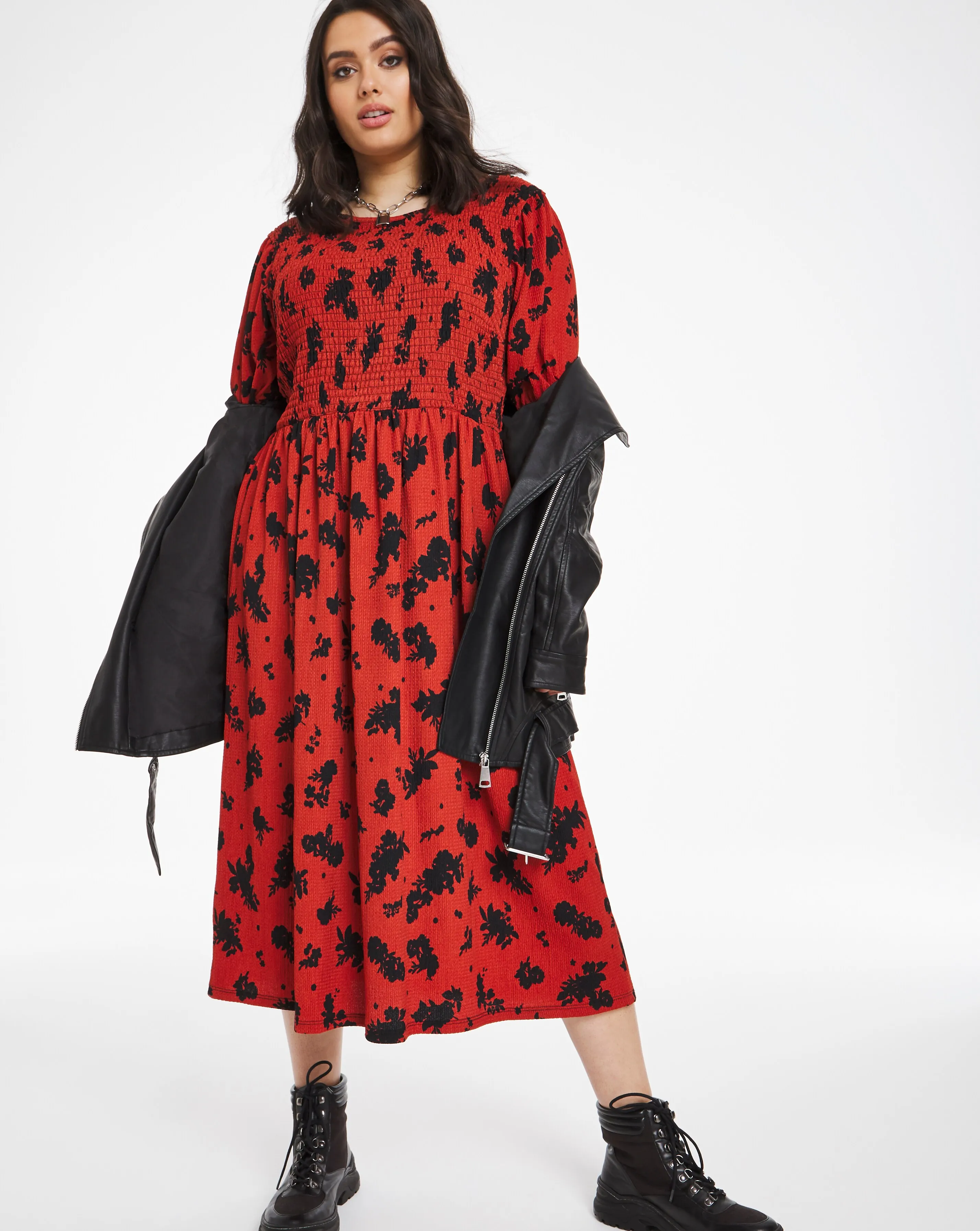 Rust Floral Long Sleeve Shirred Midi Dress | Simply Be