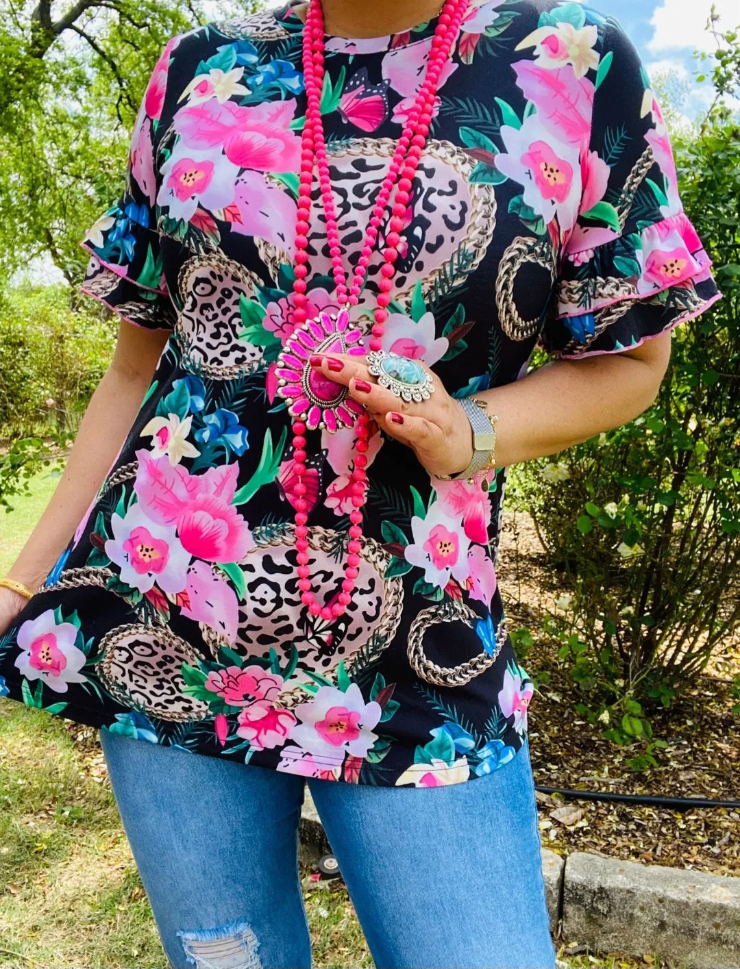 S, L, Black Top with Leopard & Pink floral print