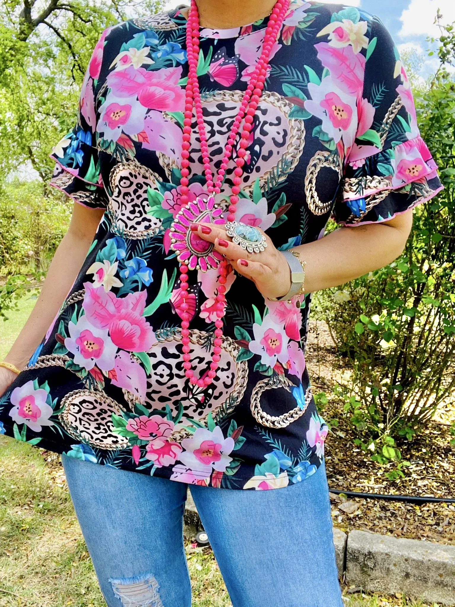 S, L, Black Top with Leopard & Pink floral print