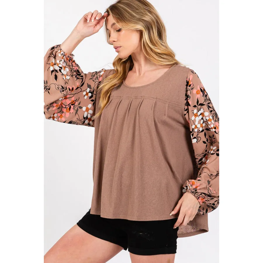 SAGE + FIG Floral Long Sleeve Front Pleated Detail Blouse