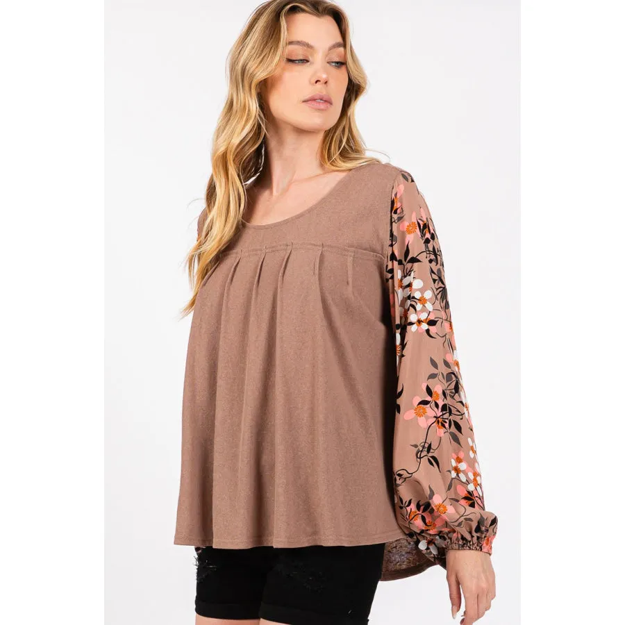 SAGE + FIG Floral Long Sleeve Front Pleated Detail Blouse