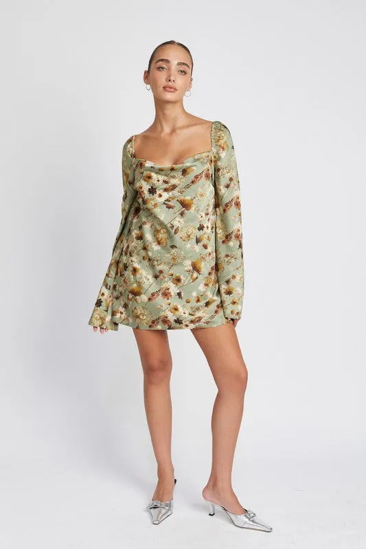 Sage floral long sleeve open back mini dress