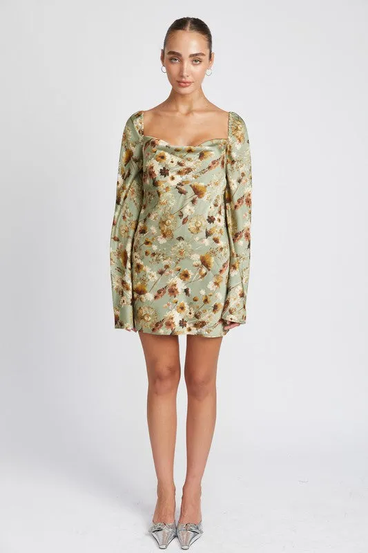 Sage floral long sleeve open back mini dress