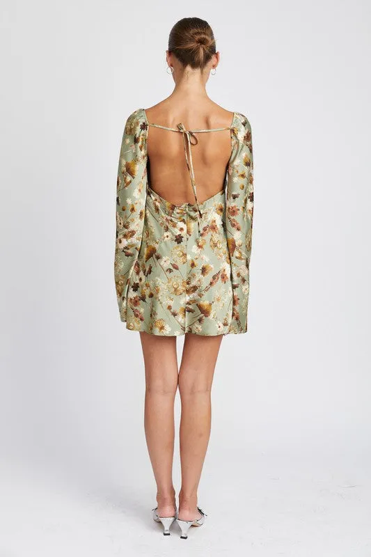 Sage floral long sleeve open back mini dress