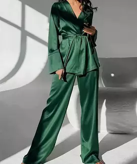 Satin Robe and Trousers Loungewear Set In Green