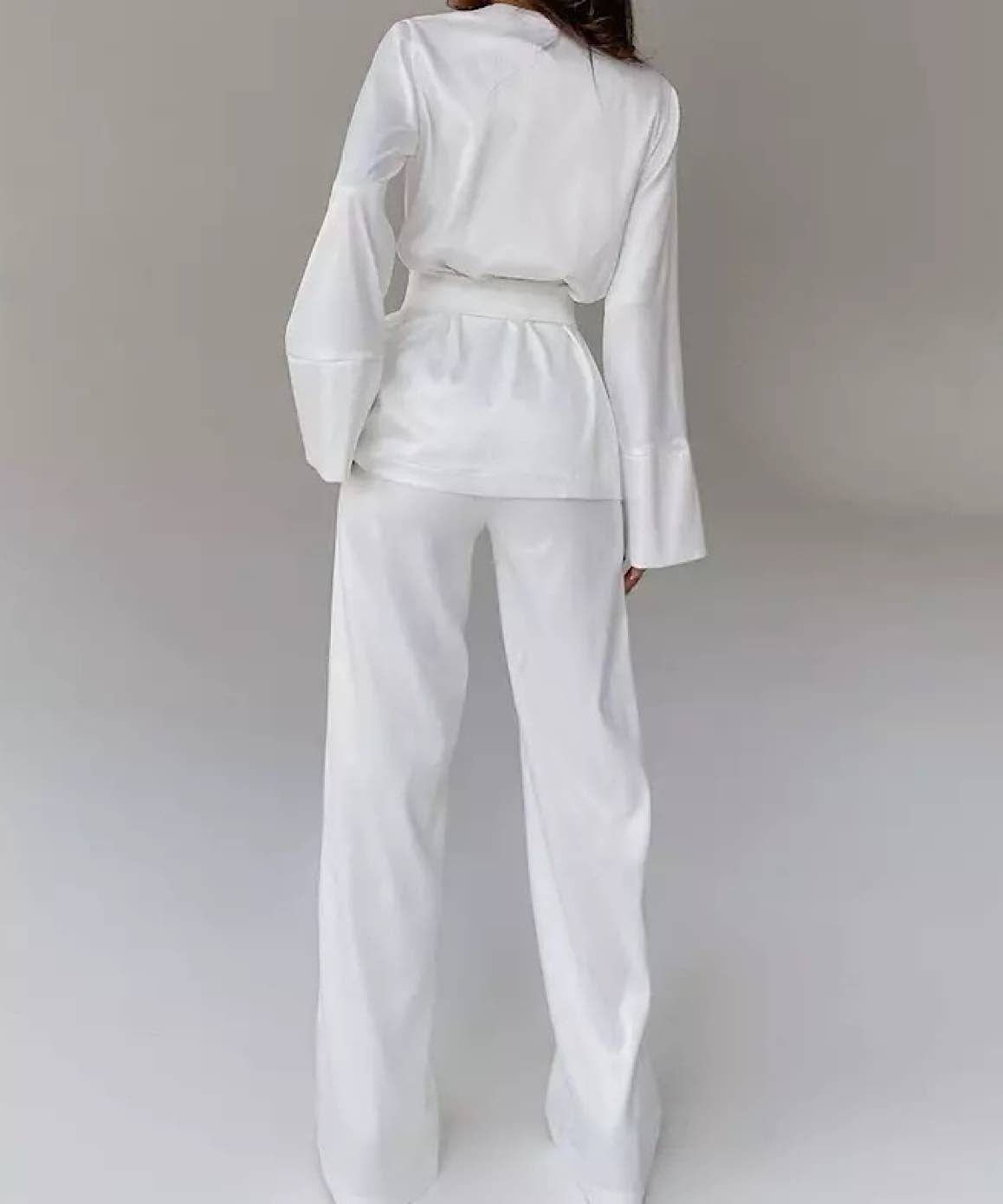 Satin Robe and Trousers Loungewear Set In White