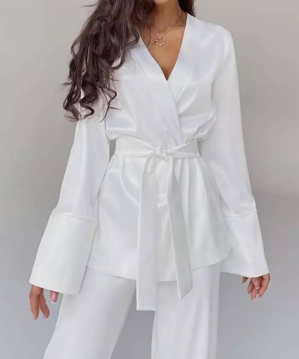 Satin Robe and Trousers Loungewear Set In White