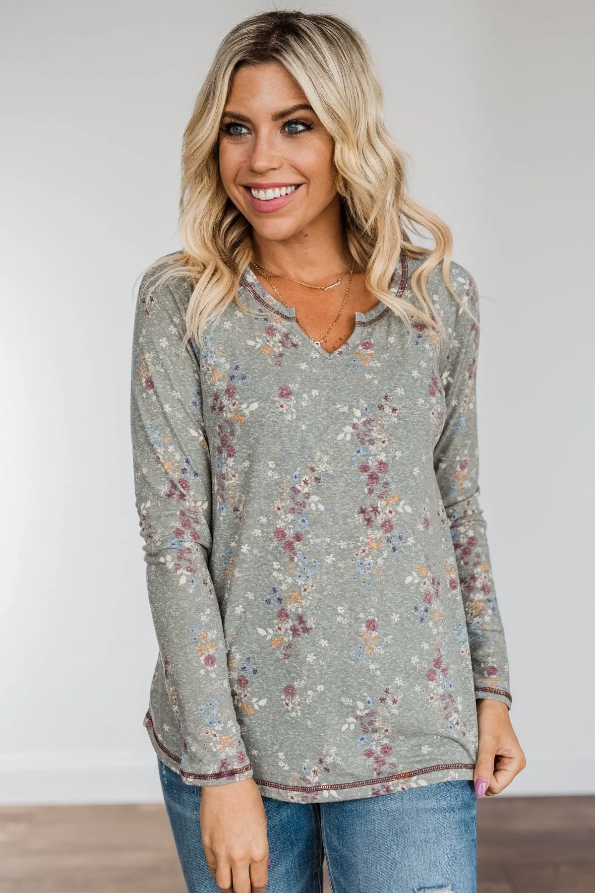 Secret Kisses Floral Long Sleeve Top- Dusty Olive