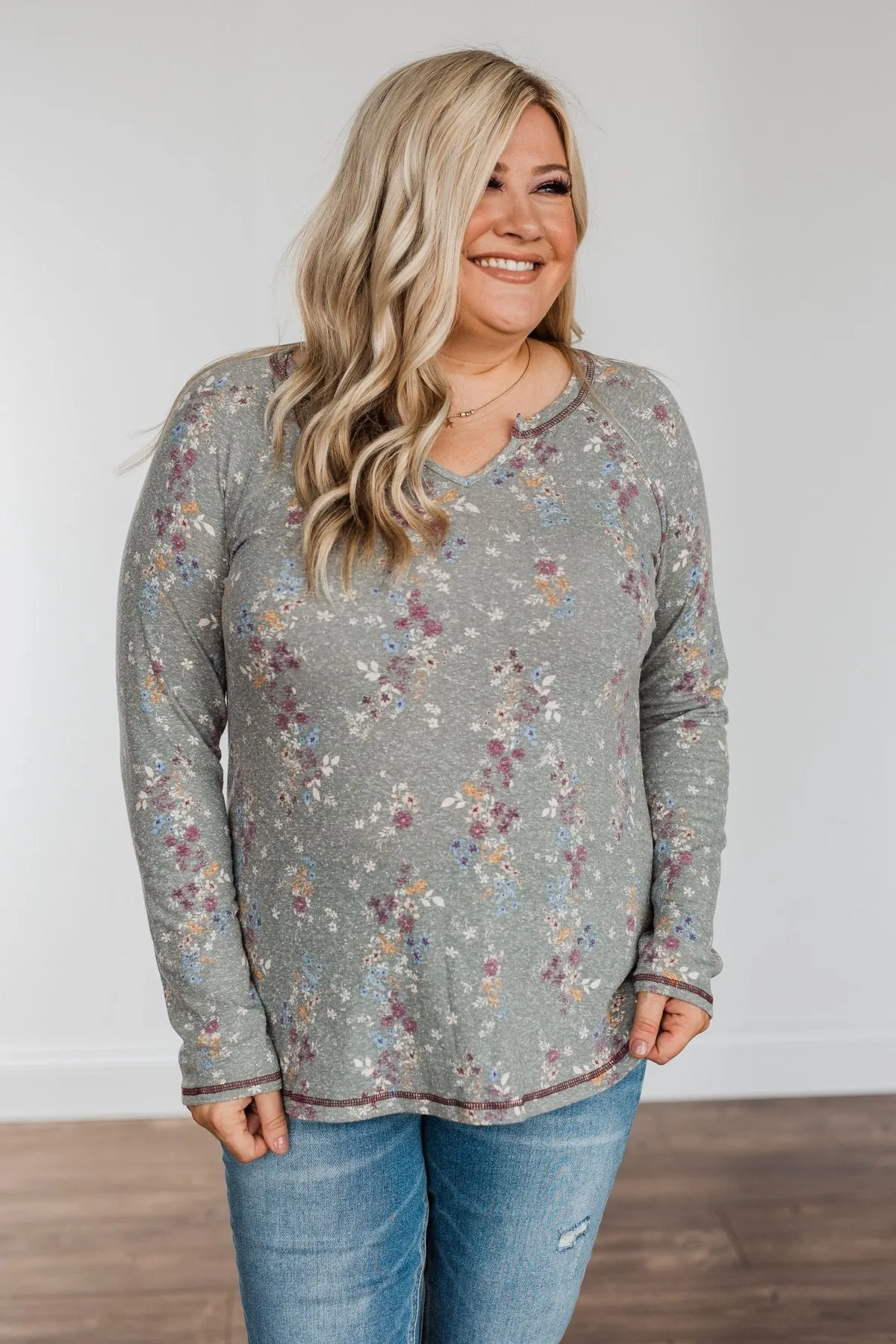 Secret Kisses Floral Long Sleeve Top- Dusty Olive