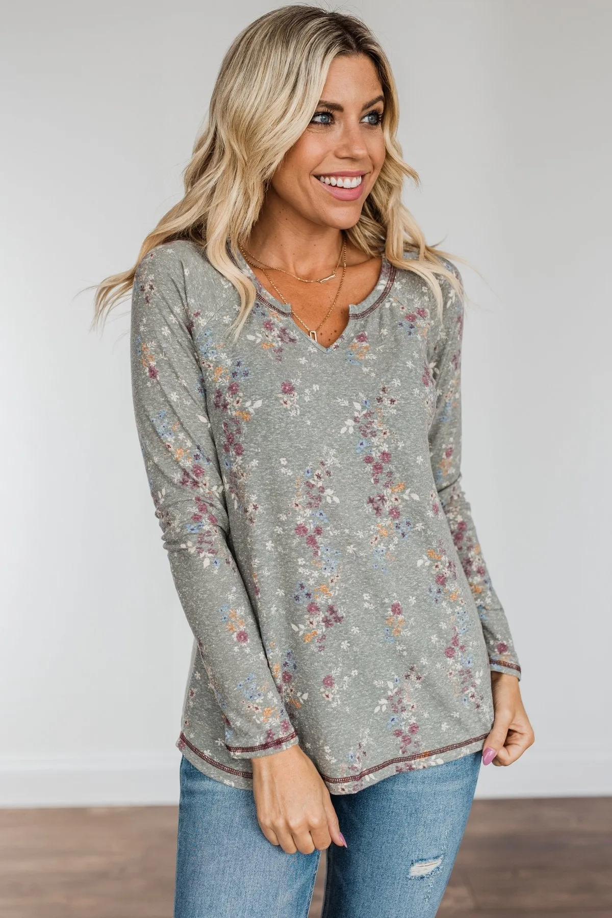 Secret Kisses Floral Long Sleeve Top- Dusty Olive