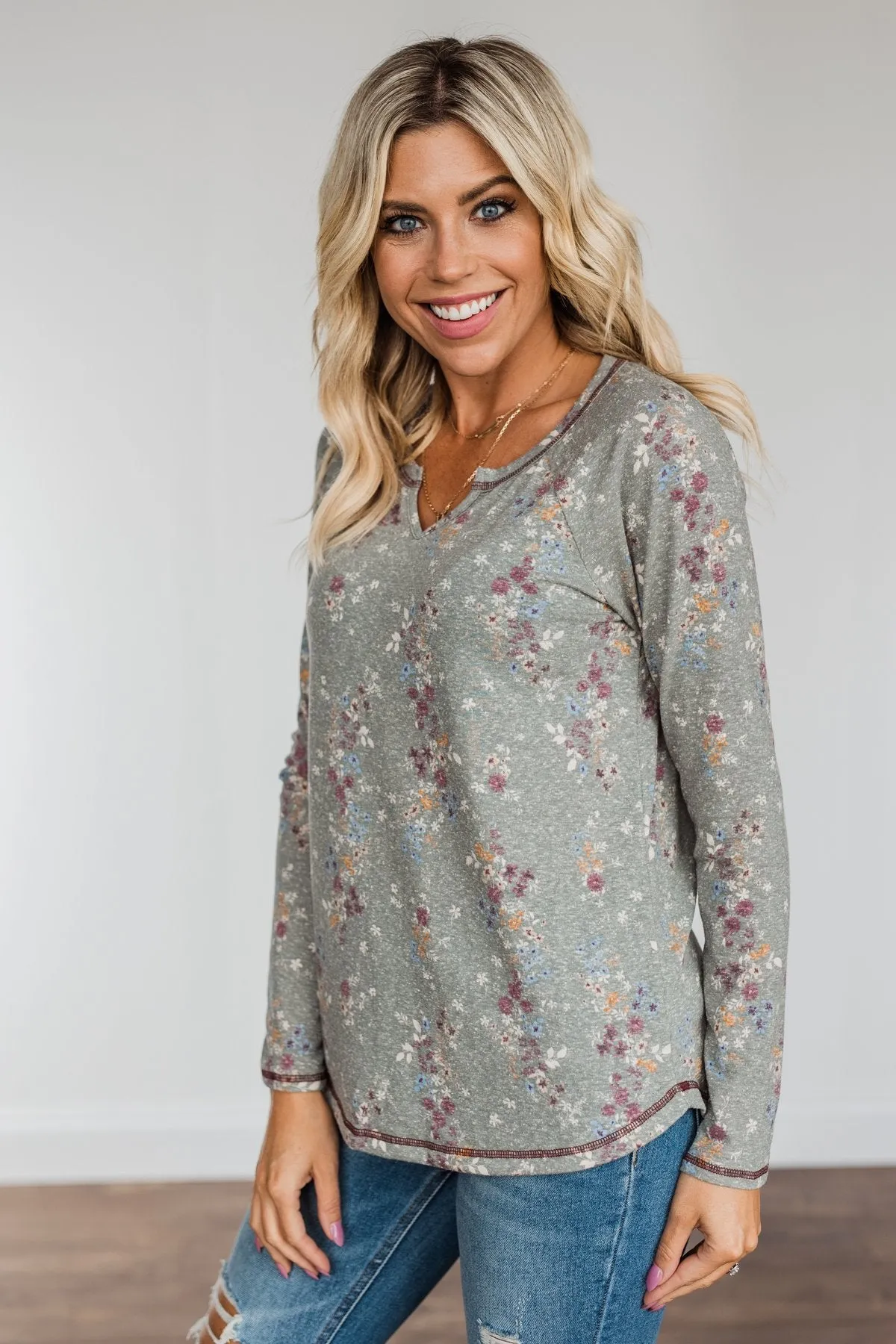 Secret Kisses Floral Long Sleeve Top- Dusty Olive