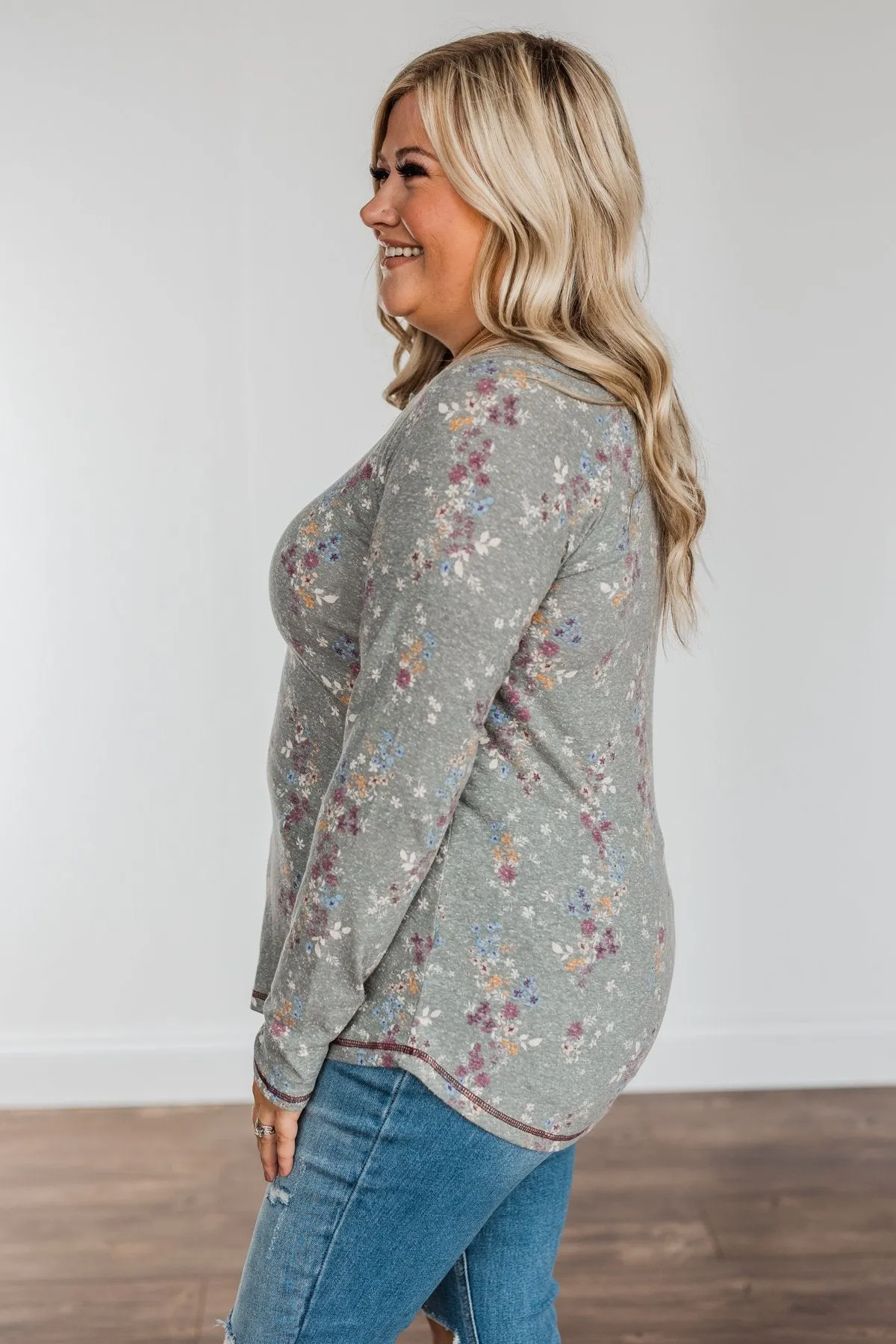 Secret Kisses Floral Long Sleeve Top- Dusty Olive