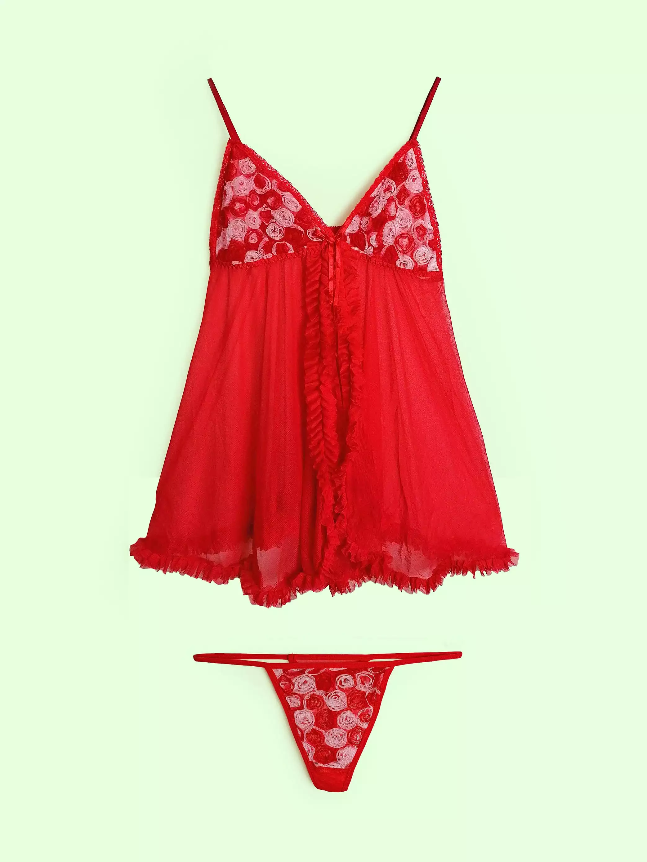 Sheer Red Tulle Lingerie Set - size S-M