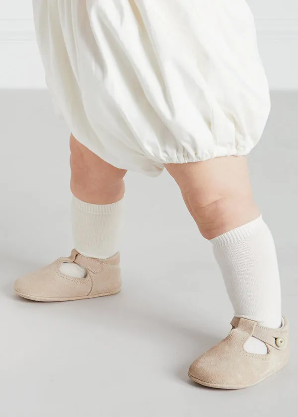 Suede T-Bar Pram Shoes in Beige (17-20EU)