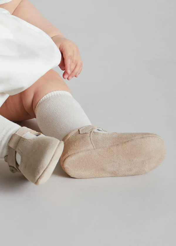 Suede T-Bar Pram Shoes in Beige (17-20EU)