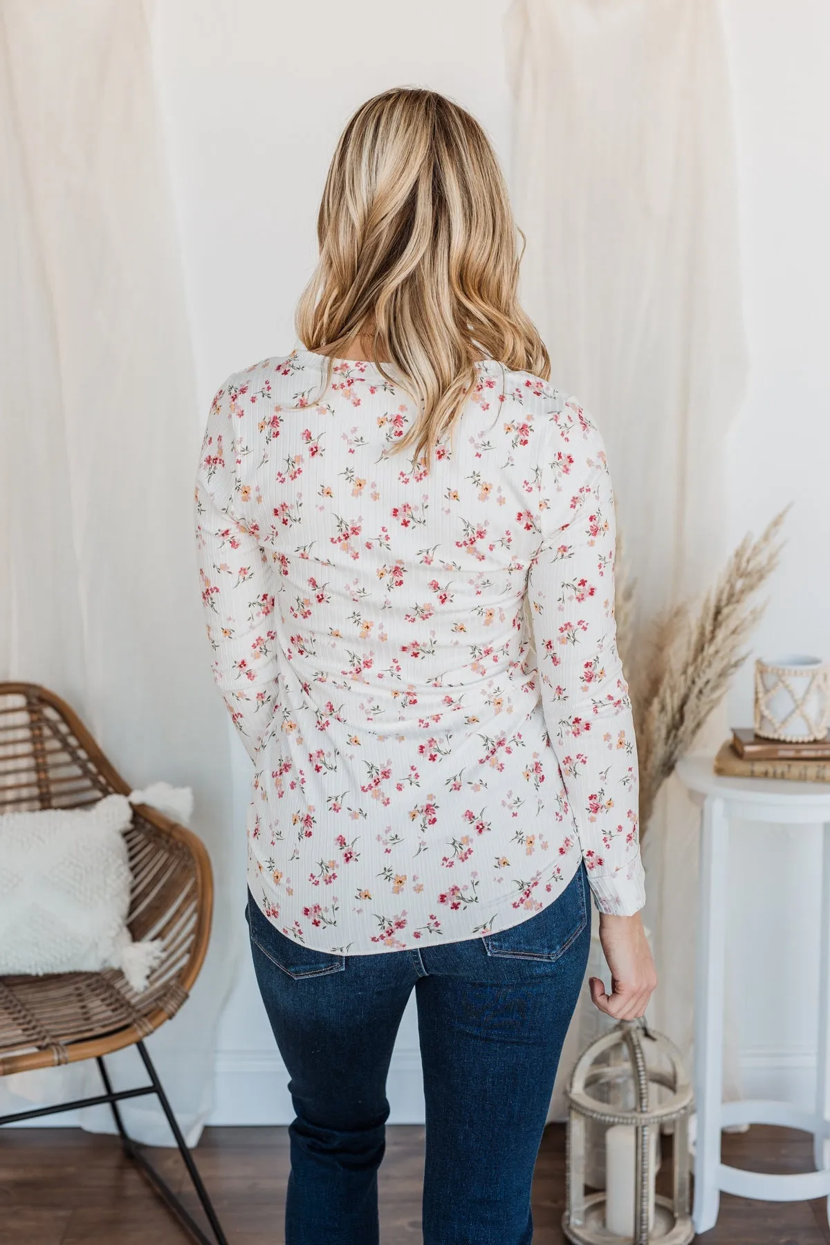 Sweet Aromas Floral Long Sleeve Top- Ivory