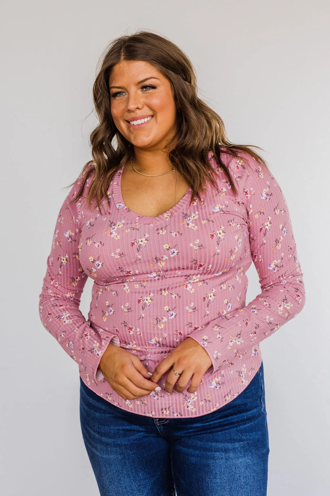 Sweet Aromas Floral Long Sleeve Top- Pink