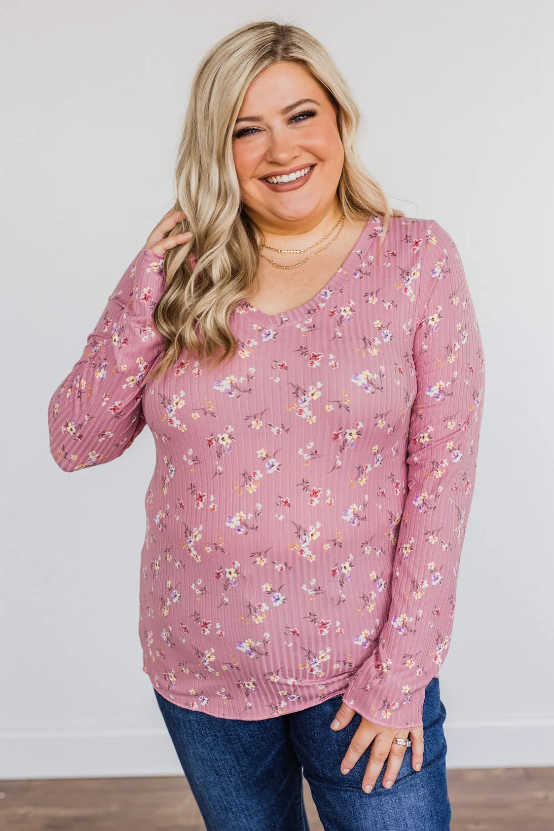 Sweet Aromas Floral Long Sleeve Top- Pink