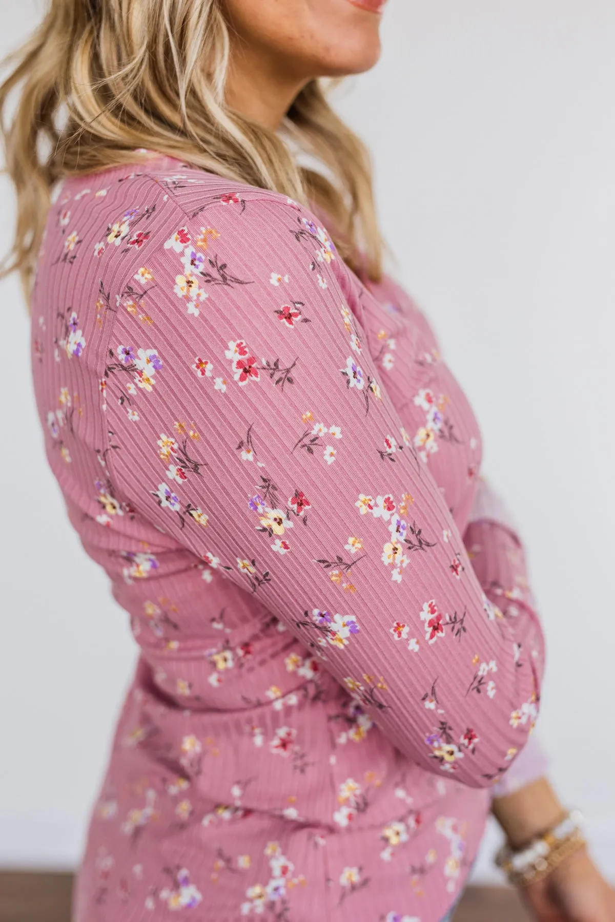 Sweet Aromas Floral Long Sleeve Top- Pink