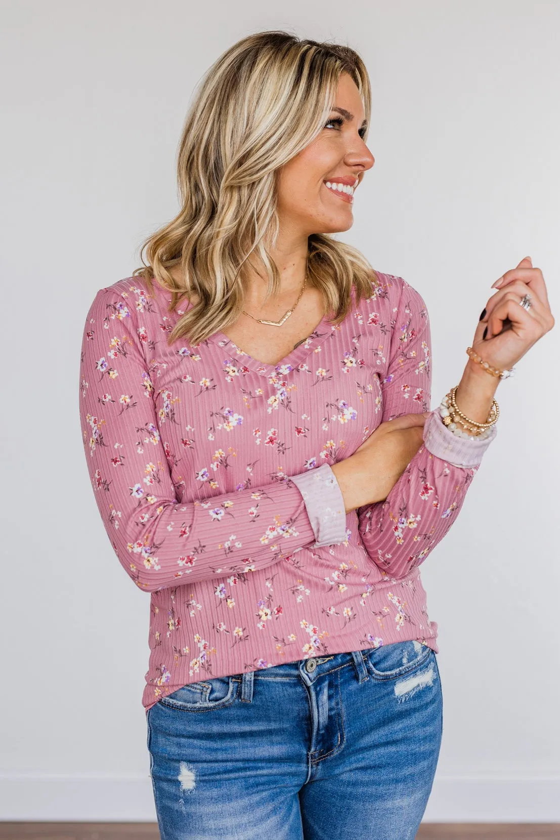 Sweet Aromas Floral Long Sleeve Top- Pink