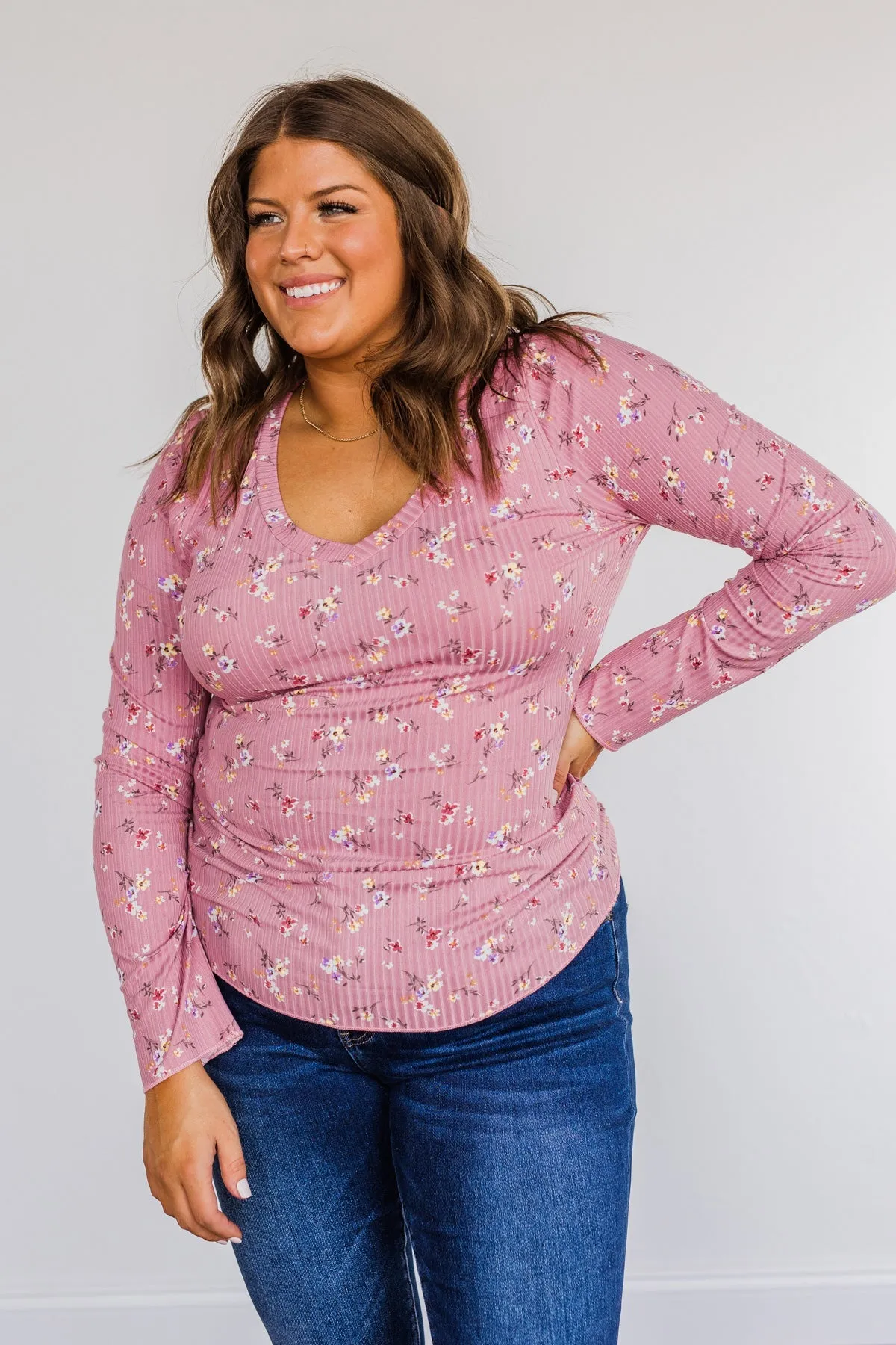 Sweet Aromas Floral Long Sleeve Top- Pink