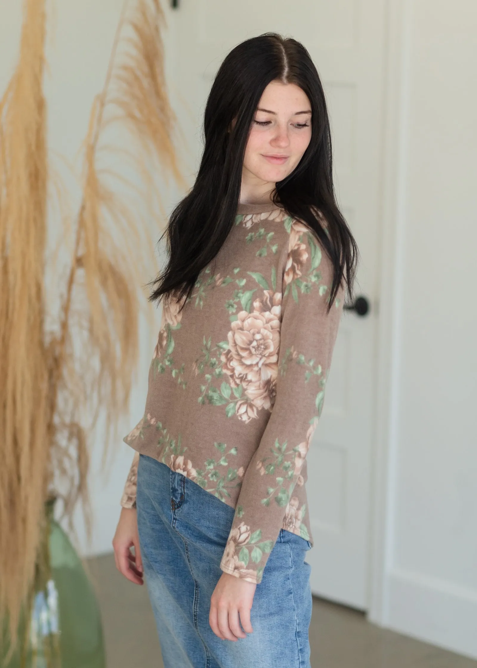 Taupe Floral Long Sleeve Hacci Knit Top - FINAL SALE