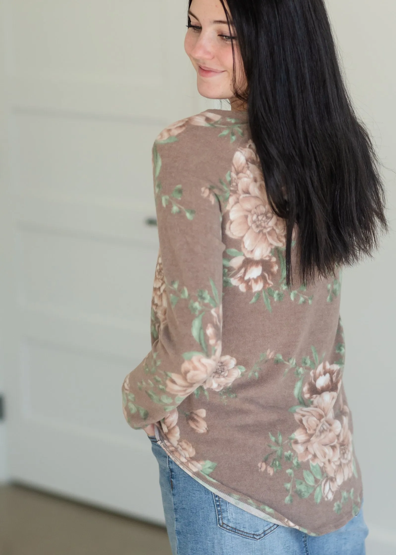 Taupe Floral Long Sleeve Hacci Knit Top - FINAL SALE