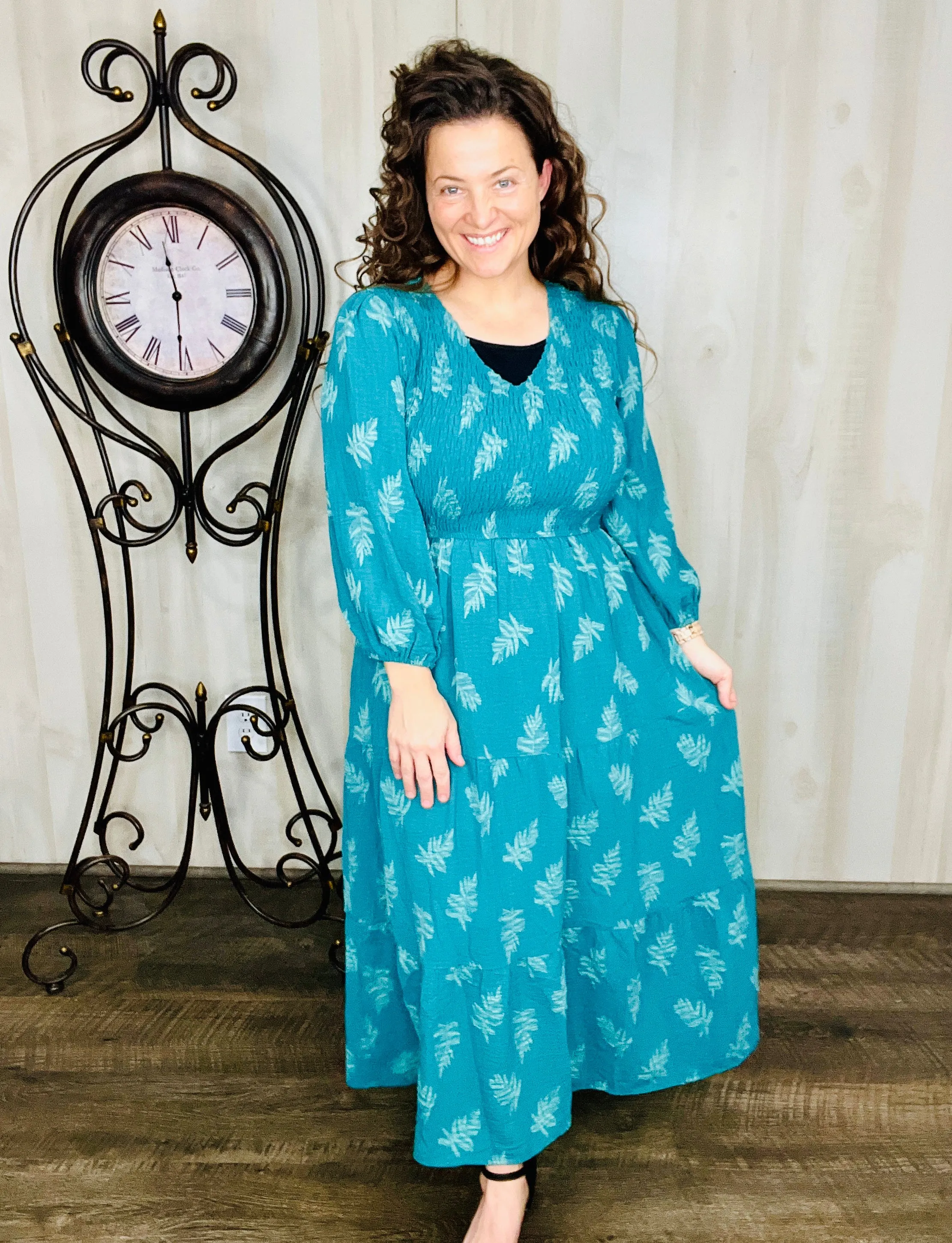 Teal Leaf Print Maxi Dress