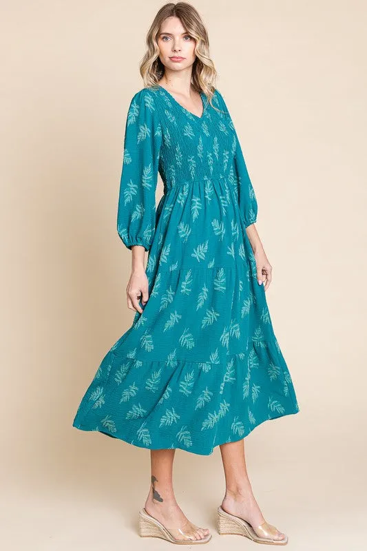 Teal Leaf Print Maxi Dress