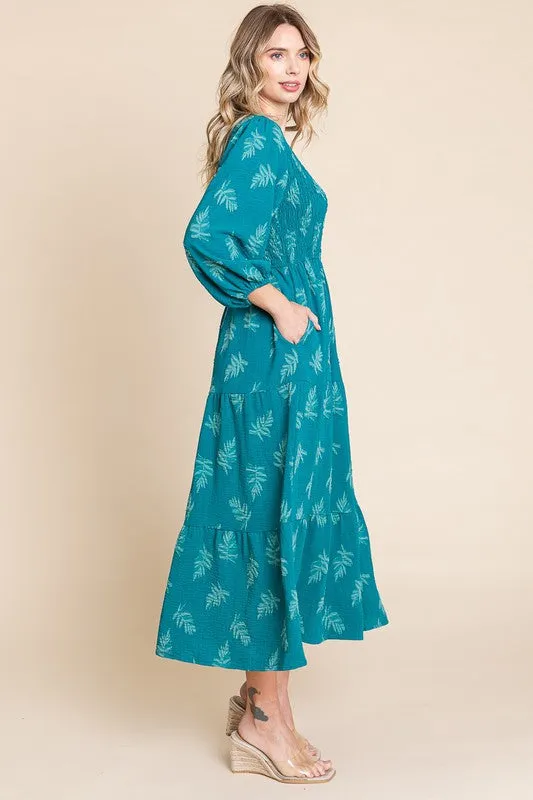 Teal Leaf Print Maxi Dress