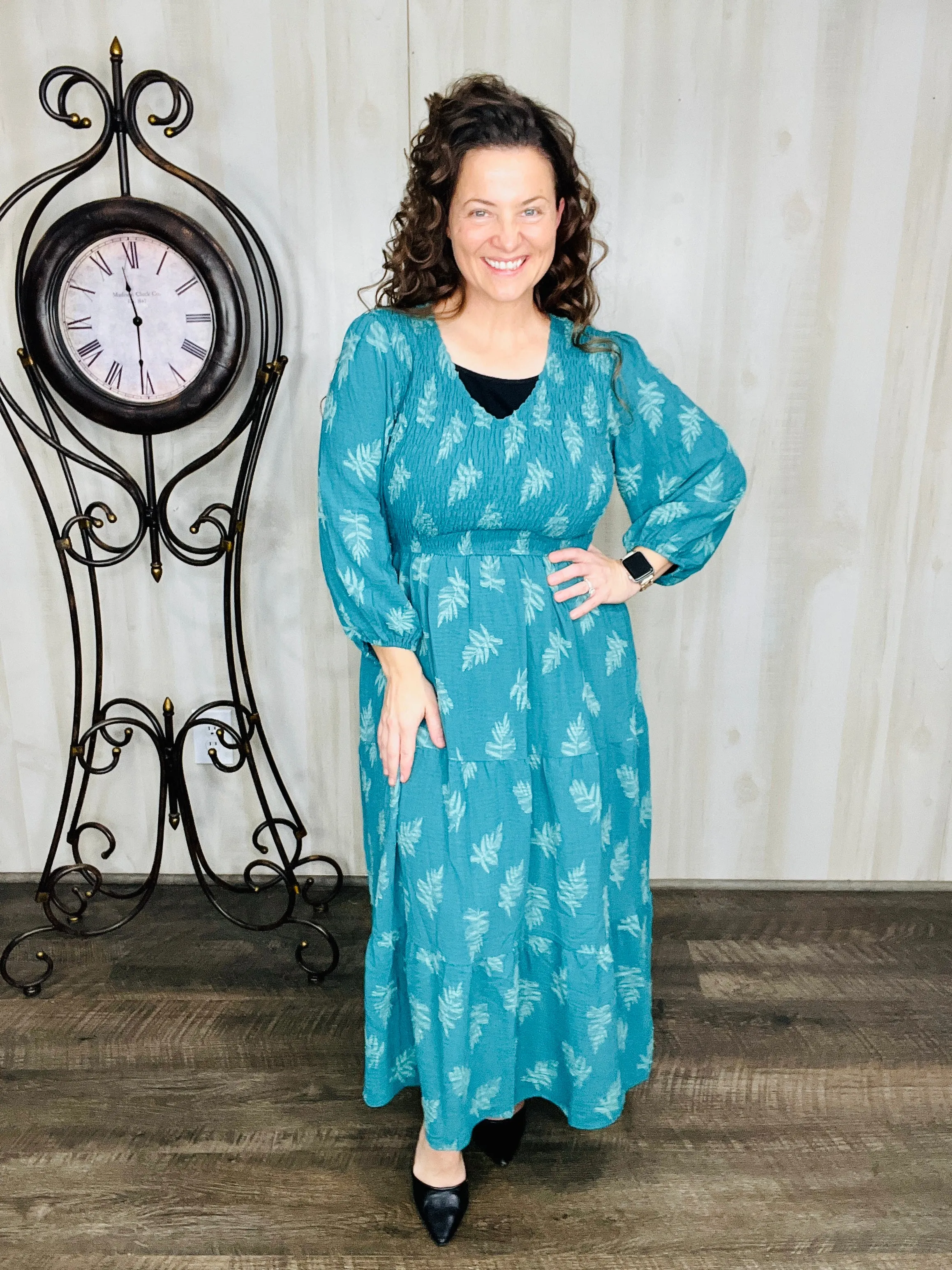 Teal Leaf Print Maxi Dress