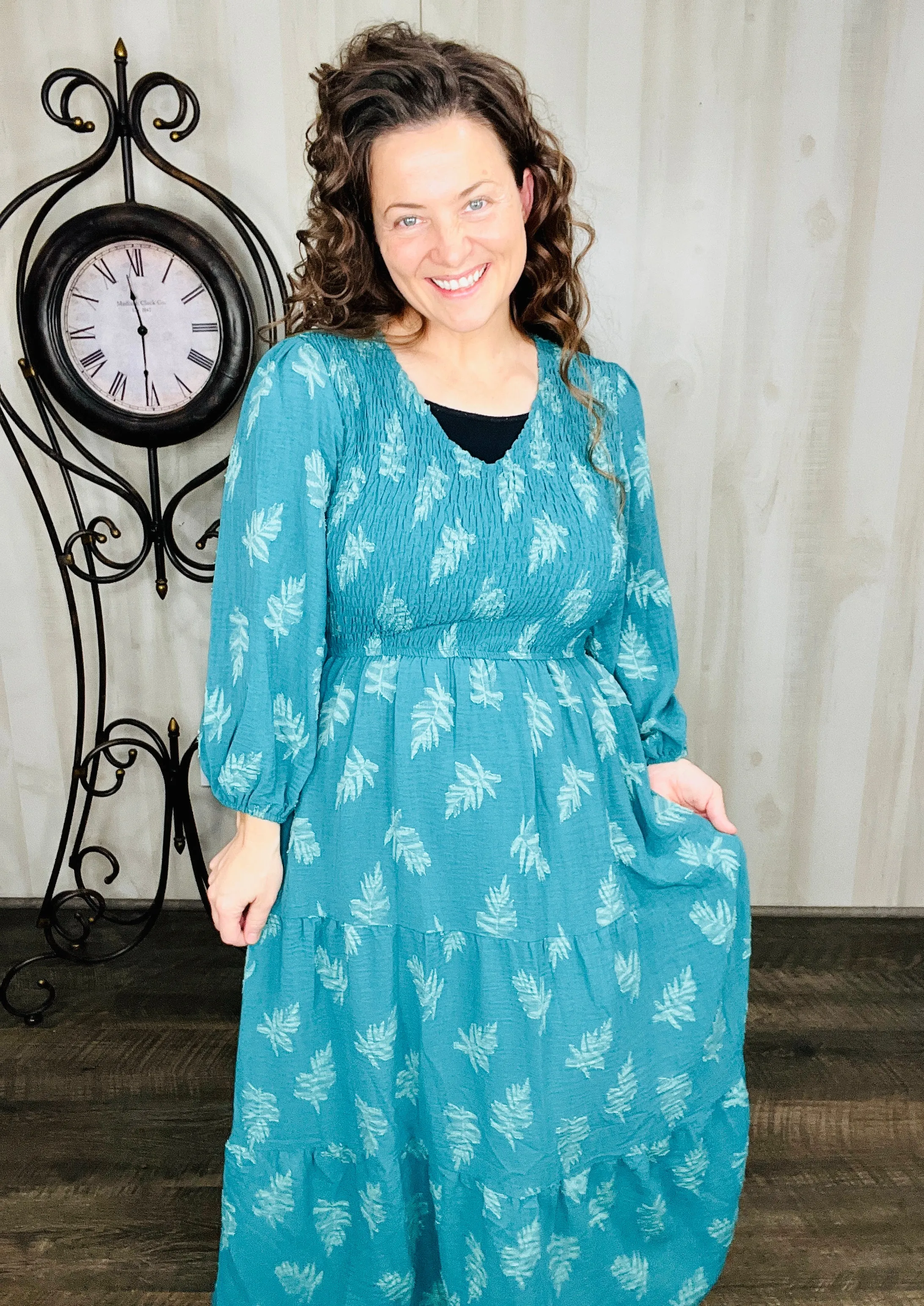 Teal Leaf Print Maxi Dress