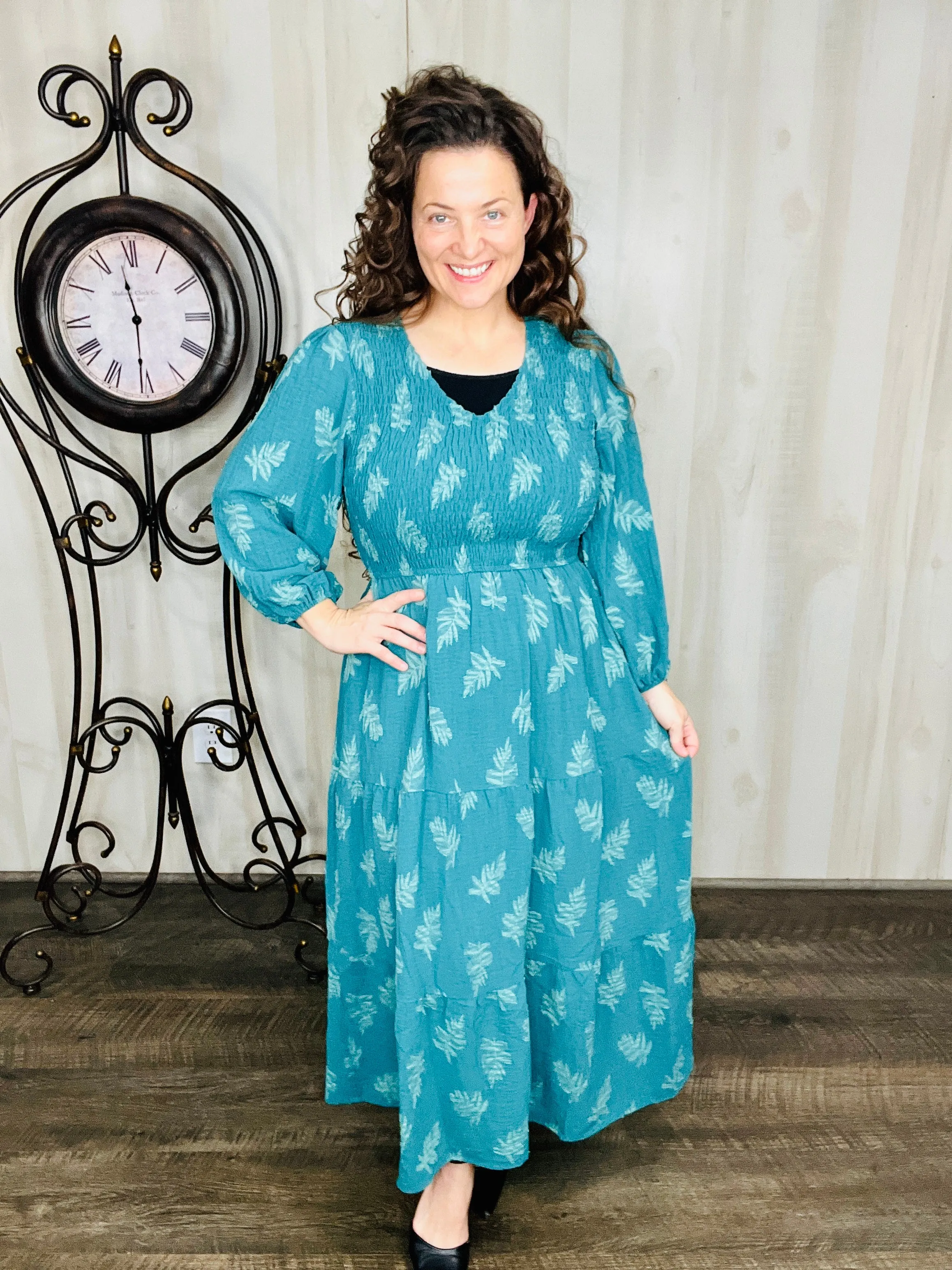 Teal Leaf Print Maxi Dress