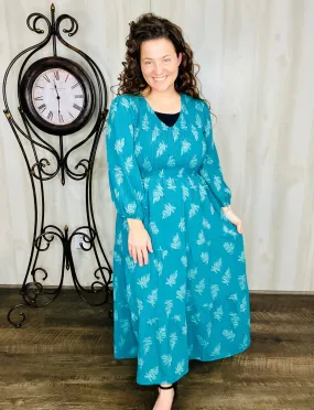 Teal Leaf Print Maxi Dress