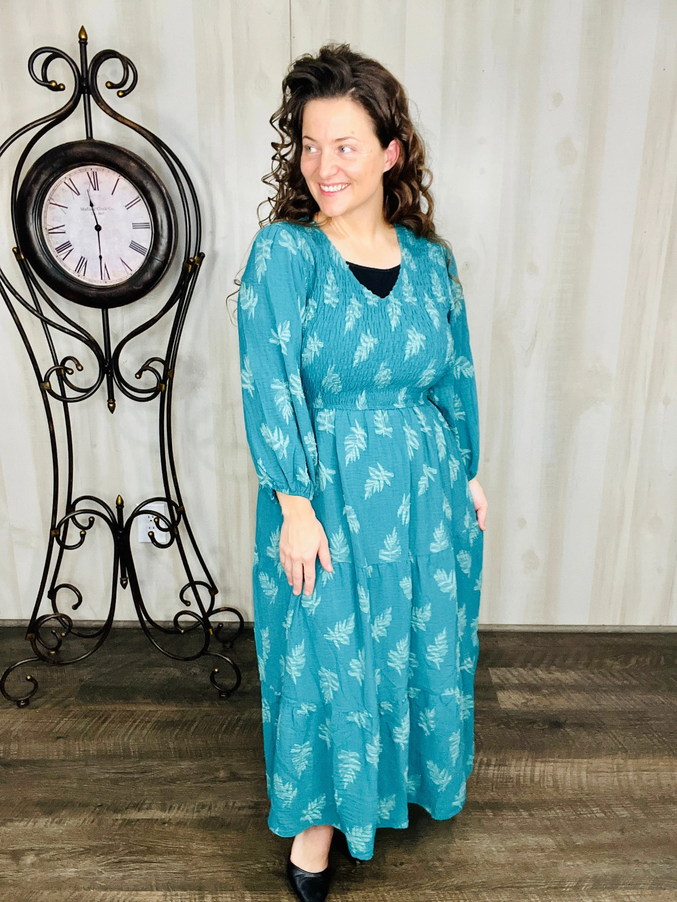 Teal Leaf Print Maxi Dress