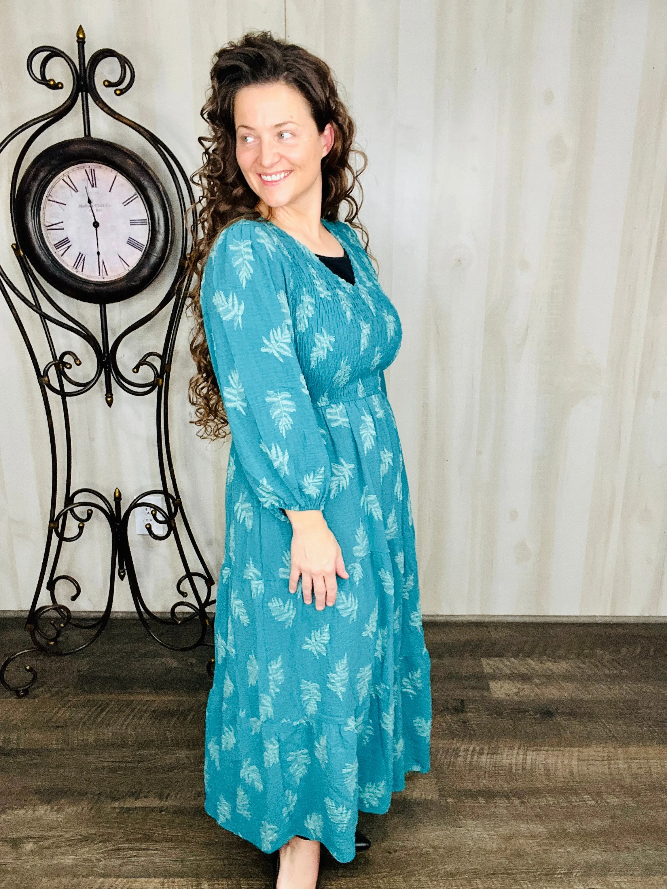 Teal Leaf Print Maxi Dress