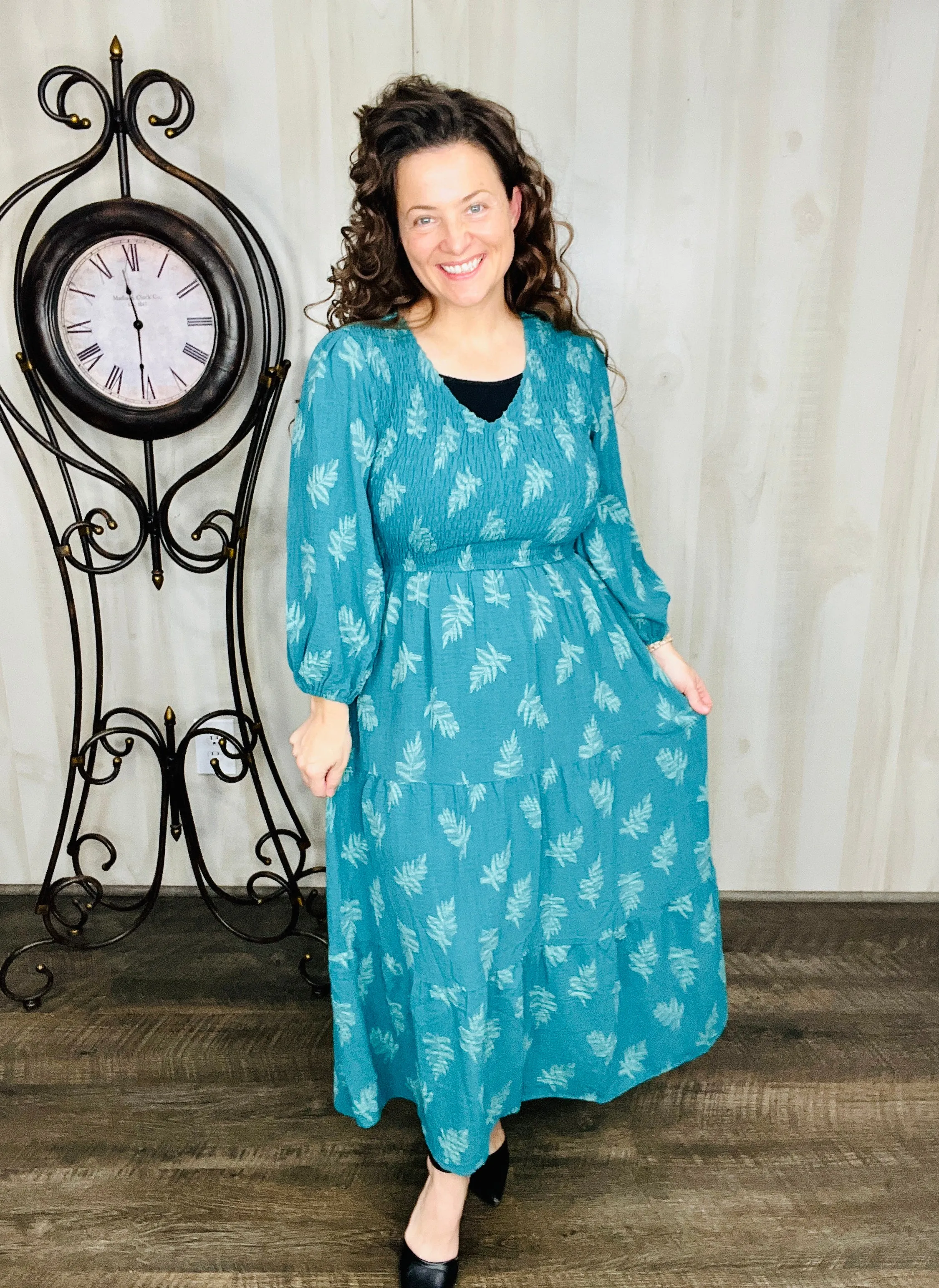 Teal Leaf Print Maxi Dress