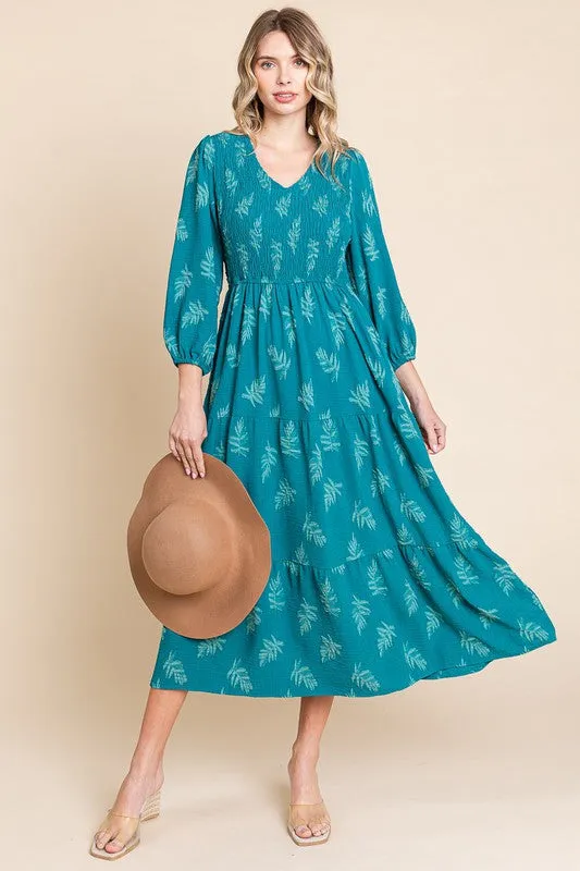 Teal Leaf Print Maxi Dress