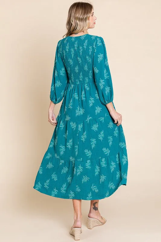 Teal Leaf Print Maxi Dress