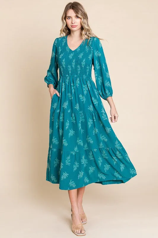 Teal Leaf Print Maxi Dress