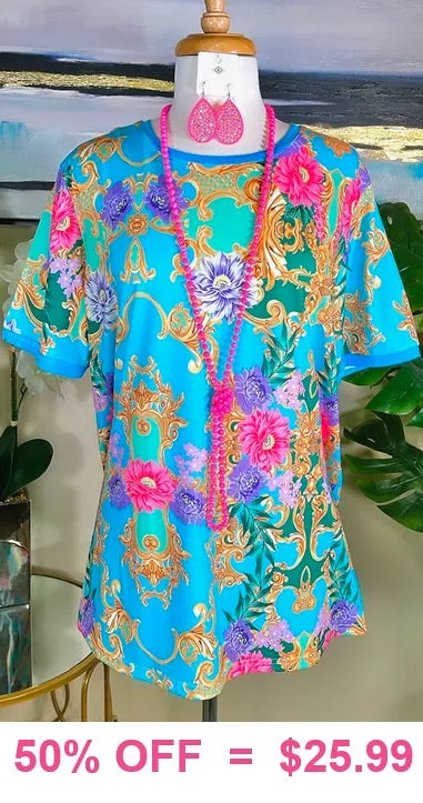 Turquoise Top with Pink Purple Floral and Gold scroll