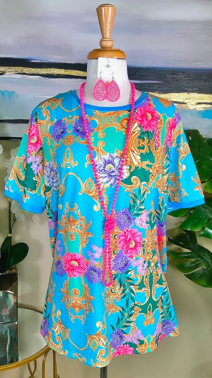 Turquoise Top with Pink Purple Floral and Gold scroll