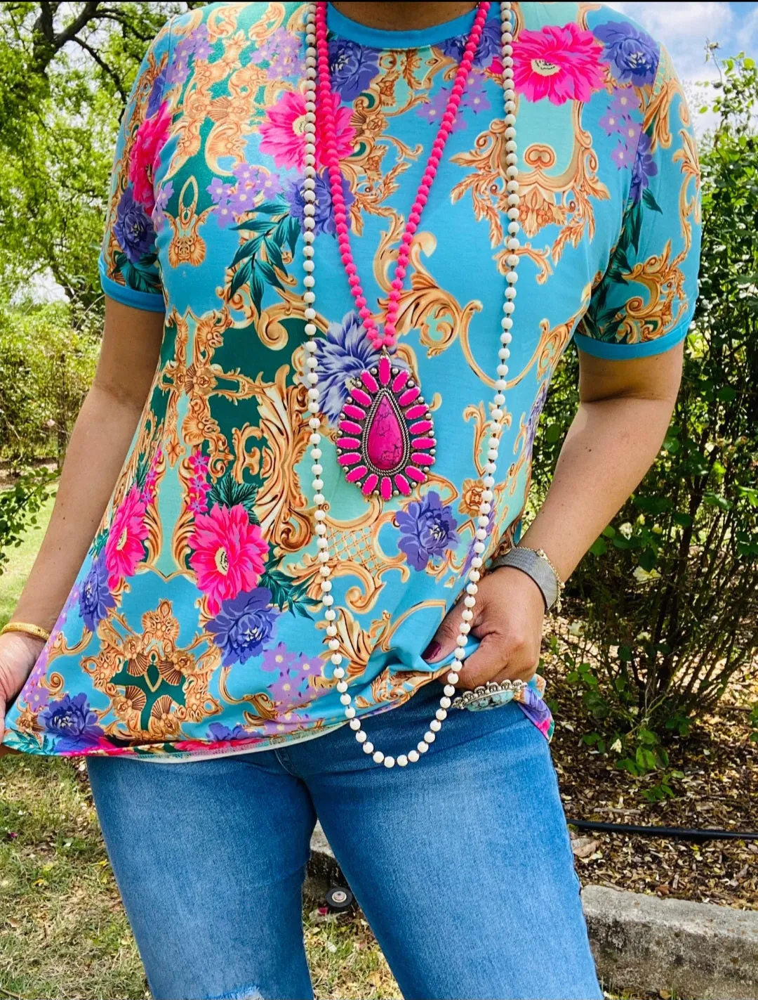 Turquoise Top with Pink Purple Floral and Gold scroll