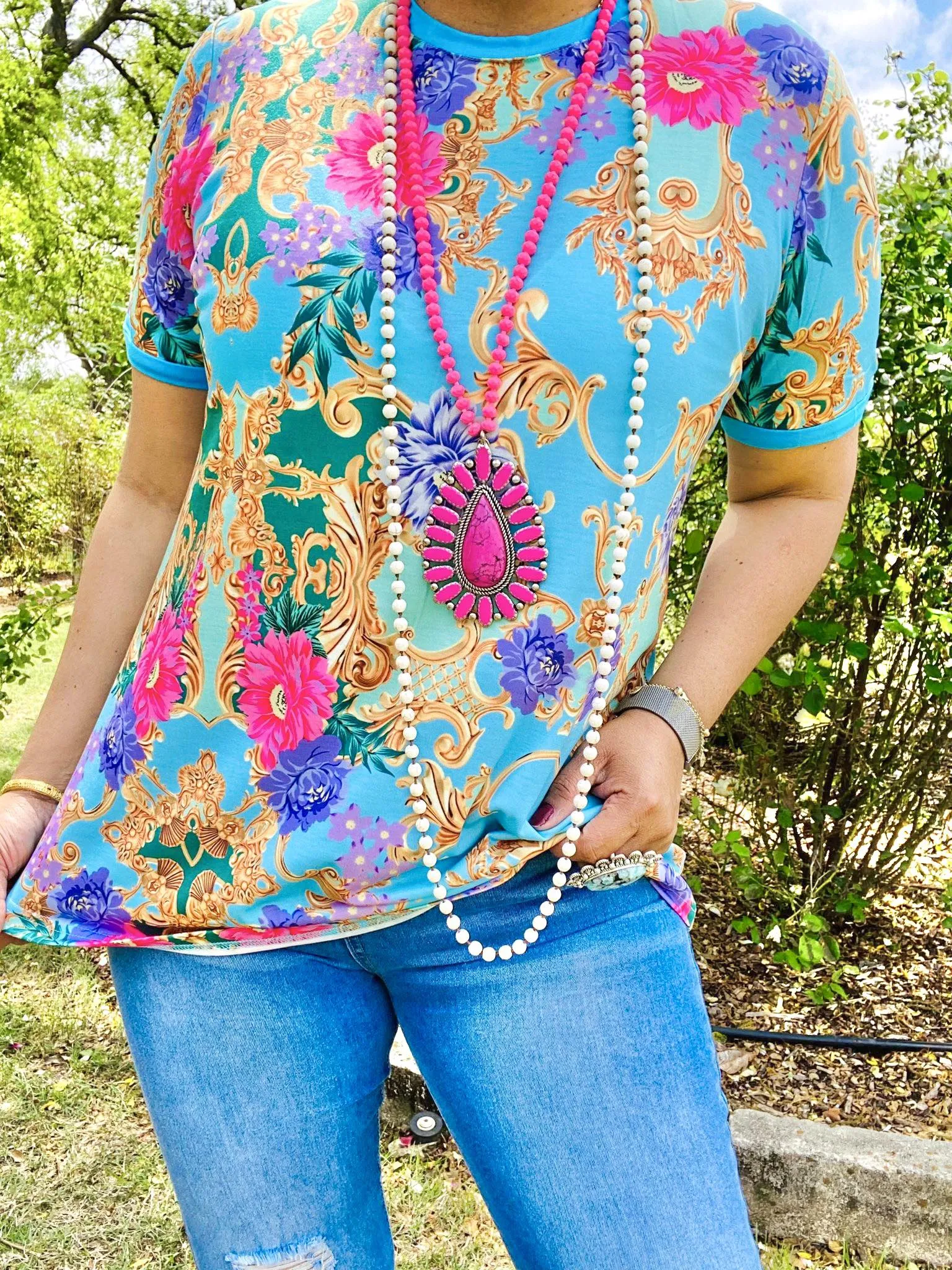 Turquoise Top with Pink Purple Floral and Gold scroll