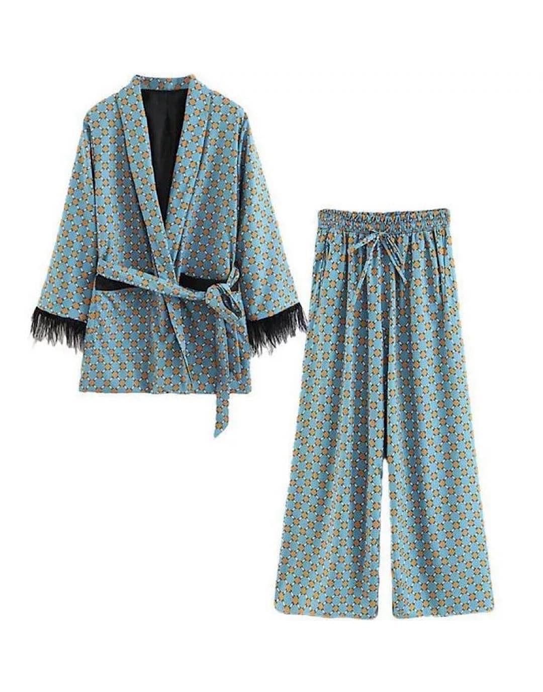 Two Piece Vintage Printed Fringe Trimmed Robe And Cropped Trousers