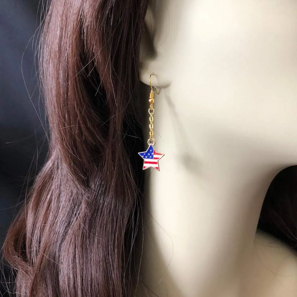 USA Stars and Stripes Long Dangle Gold Earrings