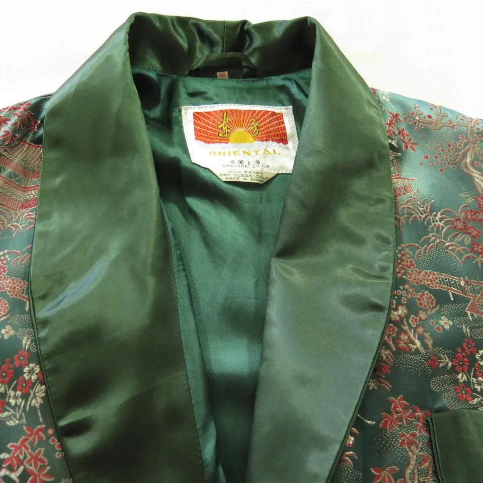 Vintage 60s Emerald Green Rayon Brocade Robe sz S-L Lounge Wear Dressing Shiny