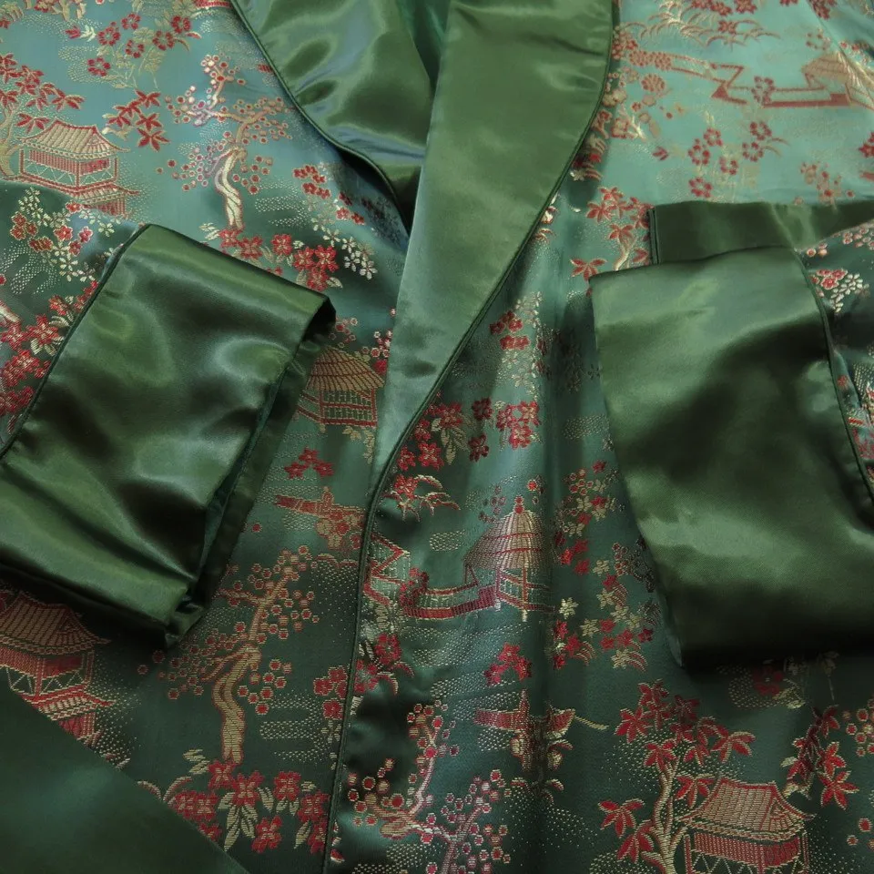 Vintage 60s Emerald Green Rayon Brocade Robe sz S-L Lounge Wear Dressing Shiny